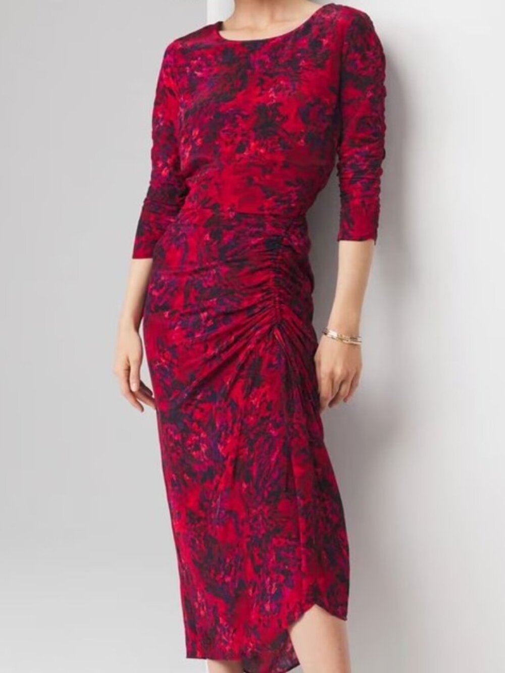 White House Black Market Floral Ruched Midi Dress Red & Black Size 4 Elegant NWT